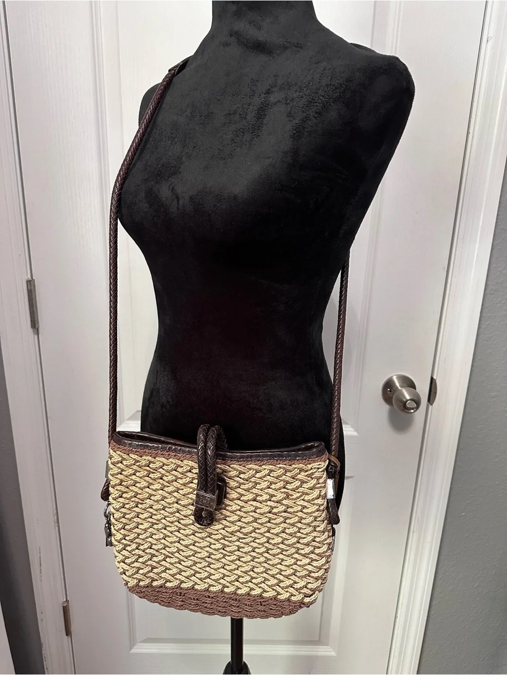 Brighton Roxanne Woven Straw Crossbody Bag Braided Leather Trim